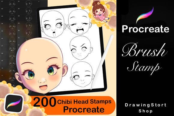 200 Procreate Chibi Head Stamps Brushes